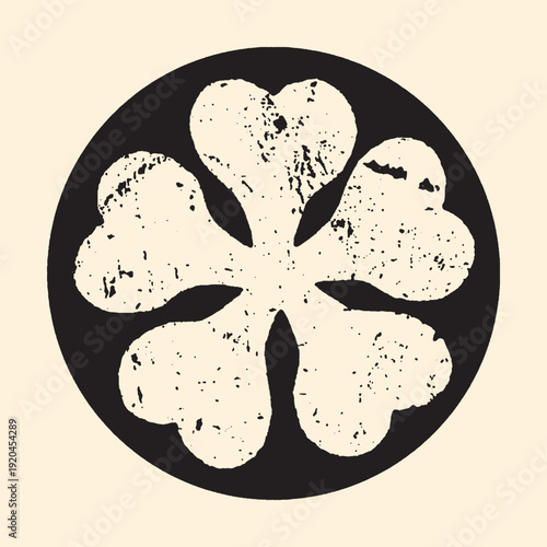 Five-leaf clover shape in black circle, good luck symbol, abstract design, textured illustration