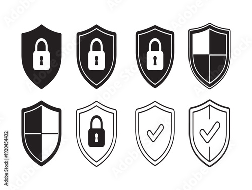 Security shield icons with locks and checks