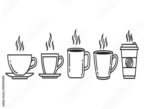 A row of steaming hot coffee cups in various shapes and sizes