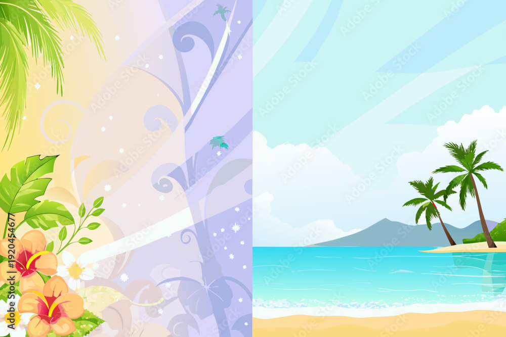Obraz premium Tropical beach scene with palm trees flowers and a bright sky