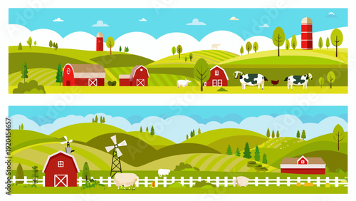 A colorful illustration depicts a peaceful countryside farm scene with barns