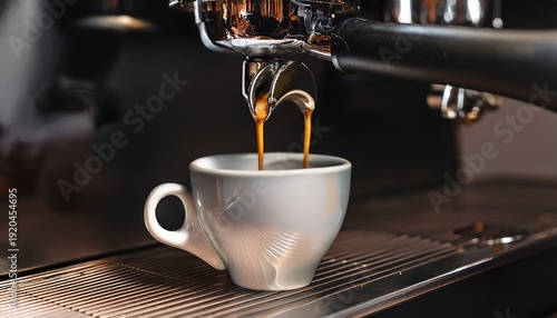 espresso pouring from coffee machine at cafe closeup of an espresso coffee shot being brewed from an espresso machine on a dark background