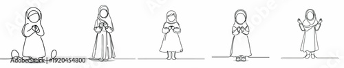 line art of a little Muslim girl standing in prayer gesture front view