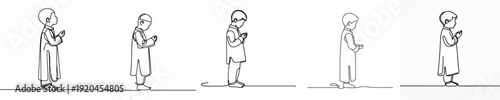 line art of a little Muslim boy standing in prayer gesture side view