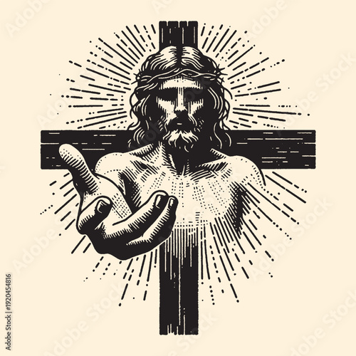 Jesus Christ with crown of thorns on cross, radiating light, outstretched hand, divine invitation, religious art