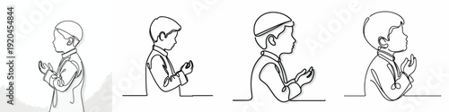 half body line art of a little Muslim boy standing in prayer gesture side view