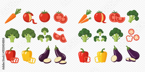 Collection of fresh and healthy vegetables including carrots, tomatoes, broccoli, bell peppers, and eggplants, whole and sliced, on a transparent background.