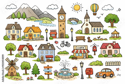 Cute Hand-Drawn Small Town Doodle Set – Houses, Church, Clock Tower, Mountains and Trees