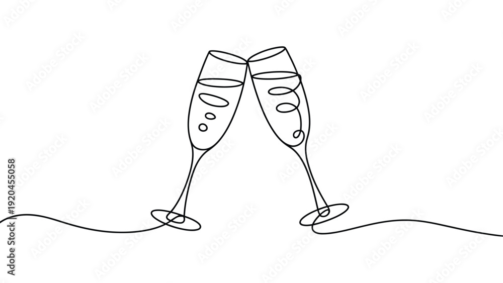 Fototapeta premium Continuous line drawing of champagne glasses cheers minimalist one line art celebration toast illustration
