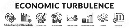 Comprehensive economic turbulence set illustrating macroeconomic instability, downturn cycles, and systemic financial disruption. in Lineal Icon Style