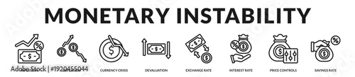 Monetary instability framework presenting currency fluctuations, rate volatility, and macroeconomic pricing dynamics. in Lineal Icon Style