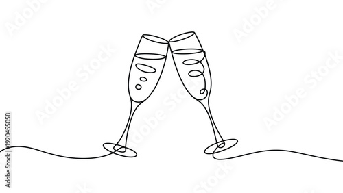 Continuous line drawing of champagne glasses cheers minimalist one line art celebration toast illustration