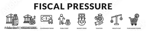 Fiscal pressure scenario emphasizing public finance management, debt exposure, and macroeconomic policy challenges. in Lineal Icon Style