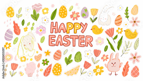 A colorful hand drawn illustration celebrating a happy easter holiday