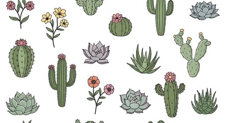 Vibrant desert plants and flowers in modern illustration style