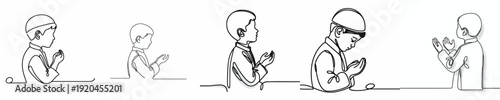 half body line art of a little Muslim boy standing in prayer gesture side view