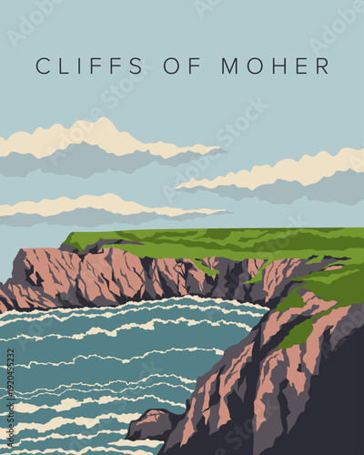 Cliffs of Moher Ireland travel poster, banner, postcard, cover