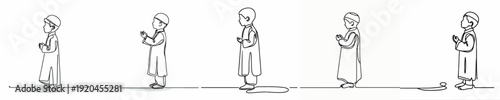 line art of a little Muslim boy standing in prayer gesture side view
