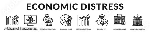 Comprehensive economic distress framework illustrating recessionary cycles, financial collapse indicators, and structural business contraction dynamics. in Lineal Icon Style