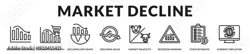 Market decline narrative presenting asset depreciation signals, volatility metrics, and corrective financial mechanisms. in Lineal Icon Style