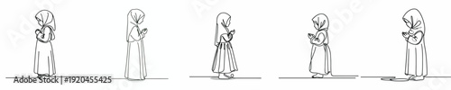 line art of a little Muslim girl standing in prayer gesture side view