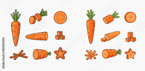 Set of cartoon carrots in various forms, whole, sliced, diced, and star-shaped, on a transparent background.
