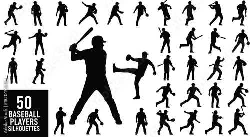 Collection of fifty baseball player silhouettes including pitchers batters and fielders in various action poses isolated on a white background vector.