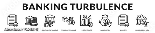 Banking turbulence concept focusing on liquidity stress, policy intervention, and institutional stabilization mechanisms. in Lineal Icon Style