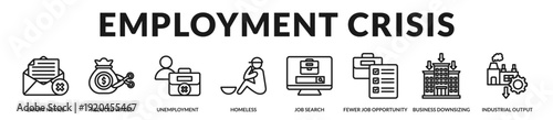 Employment crisis theme capturing workforce contraction, wage pressure, and industrial output decline within recessionary environments. in Lineal Icon Style