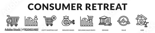 Consumer retreat scenario illustrating spending contraction, confidence erosion, and declining demand indicators. in Lineal Icon Style