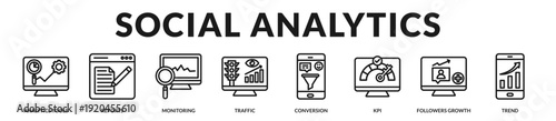 Social analytics suite delivering performance intelligence, conversion tracking, and trend based optimization strategies. in Lineal Icon Style