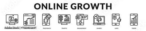 Online growth strategy emphasizing sustainable reach expansion, engagement momentum, and performance driven brand advancement. in Lineal Icon Style