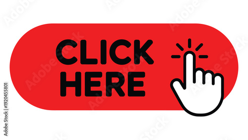 Click here button with hand cursor icon red call to action web banner flat vector illustration isolated on white background