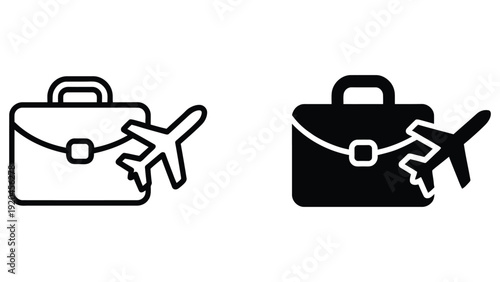 Travel briefcase and airplane icon set outline and solid style business trip luggage symbol vector illustration