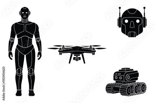 Robots and AI icons: humanoid, drone, tank, head illustration