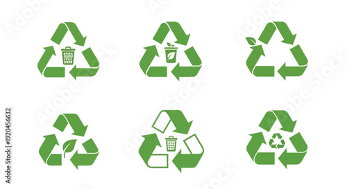 Green recycling symbols depicting various waste types for environmental awareness