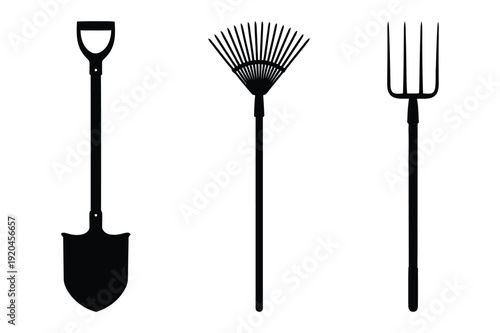 Gardening tools: shovel, rake, pitchfork silhouettes