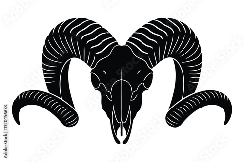 Ram skull with large horns, black silhouette illustration