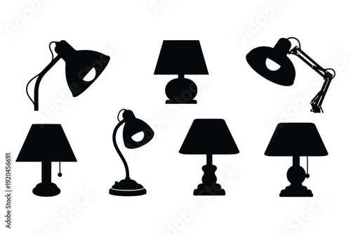 Black Silhouette Desk Lamps Collection, Isolated Vector Icons