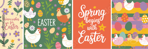 Easter and Spring Themed Illustrations with Chickens Eggs and Flowers Keywords: Easter, spring, chickens, eggs, flowers, warm