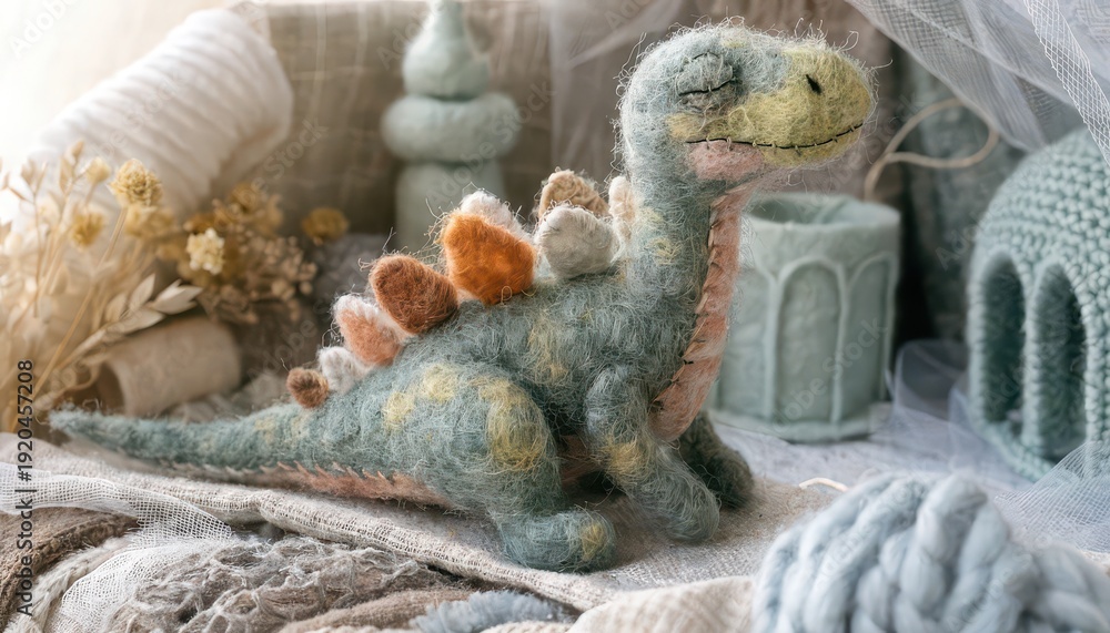 Obraz premium Handmade needle felted dinosaur plush in cozy nursery setting, cute pastel dragon toy, baby room decor, whimsical prehistoric character, soft textile craft, storytelling background design