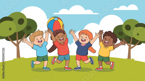 Group of happy children playing with ball in park colorful cartoon vector illustration of diverse kids outdoor activity scene