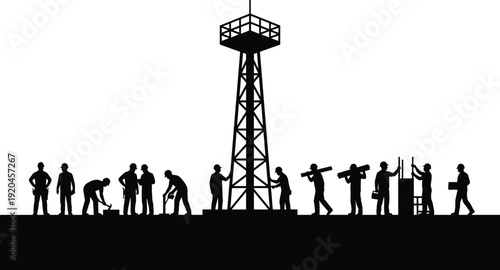 Construction Workers Building Industrial Tower Structure with Tools Silhouette Vector Illustration for Civil Engineering Site Development Infrastructure Project Site Architecture