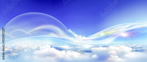 Panel kuchenny z motywem 青空と雲海の上をダイナミックに流れる光り輝くジェット気流の抽象的なイメージ、エネルギーの流れと未来のテクノロジーを表現したパノラマ背景素材