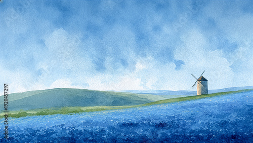 青いネモフィラの花畑が広がる丘の上に立つ風車と、澄み渡る広大な青空を描いた牧歌的で美しい水彩画、静寂と平和を感じる田園風景のイラスト