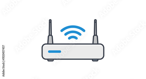 Simple line art illustration of a wireless router with two antennas.