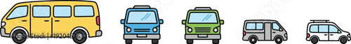 Different colored buses in various sizes