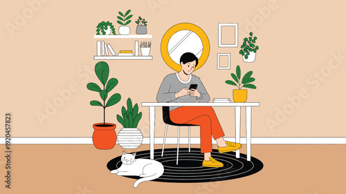 Freelancer working from home office with laptop cozy interior workspace flat vector illustration modern remote work concept