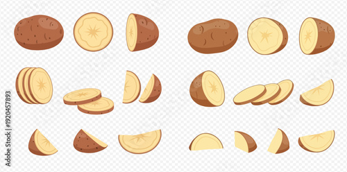 Set of fresh raw potatoes, whole, sliced, and chopped, isolated on a transparent background.