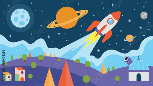 Colorful cartoon space landscape with rocket launch planets moon stars and observatory futuristic night sky flat vector illustration